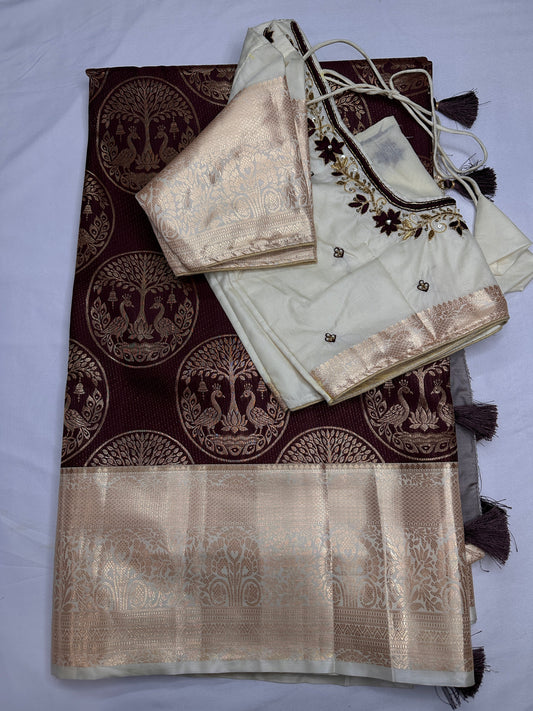 Brown Brocade Semi Kanchi Silk  Saree