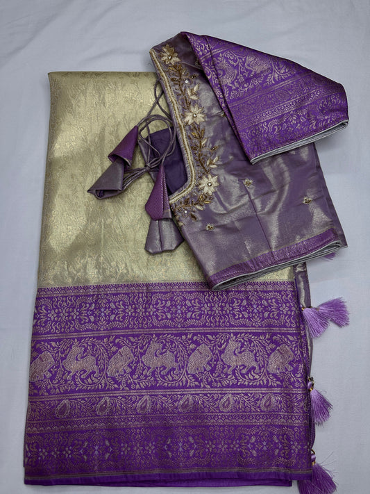 Lavender Brocade Semi Kanchi Silk  Saree