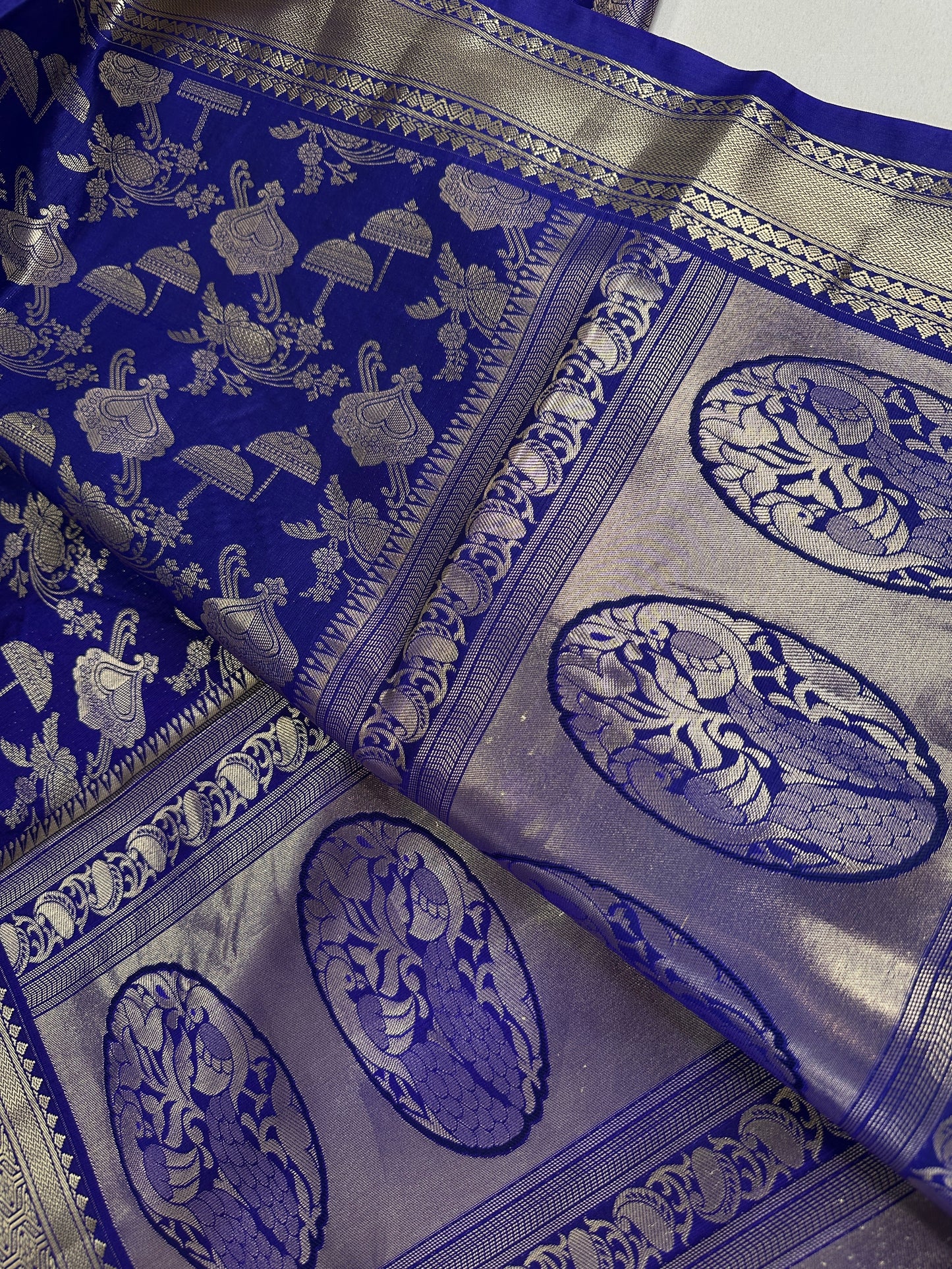 Blue Brocade Semi Kanchi Silk  Saree