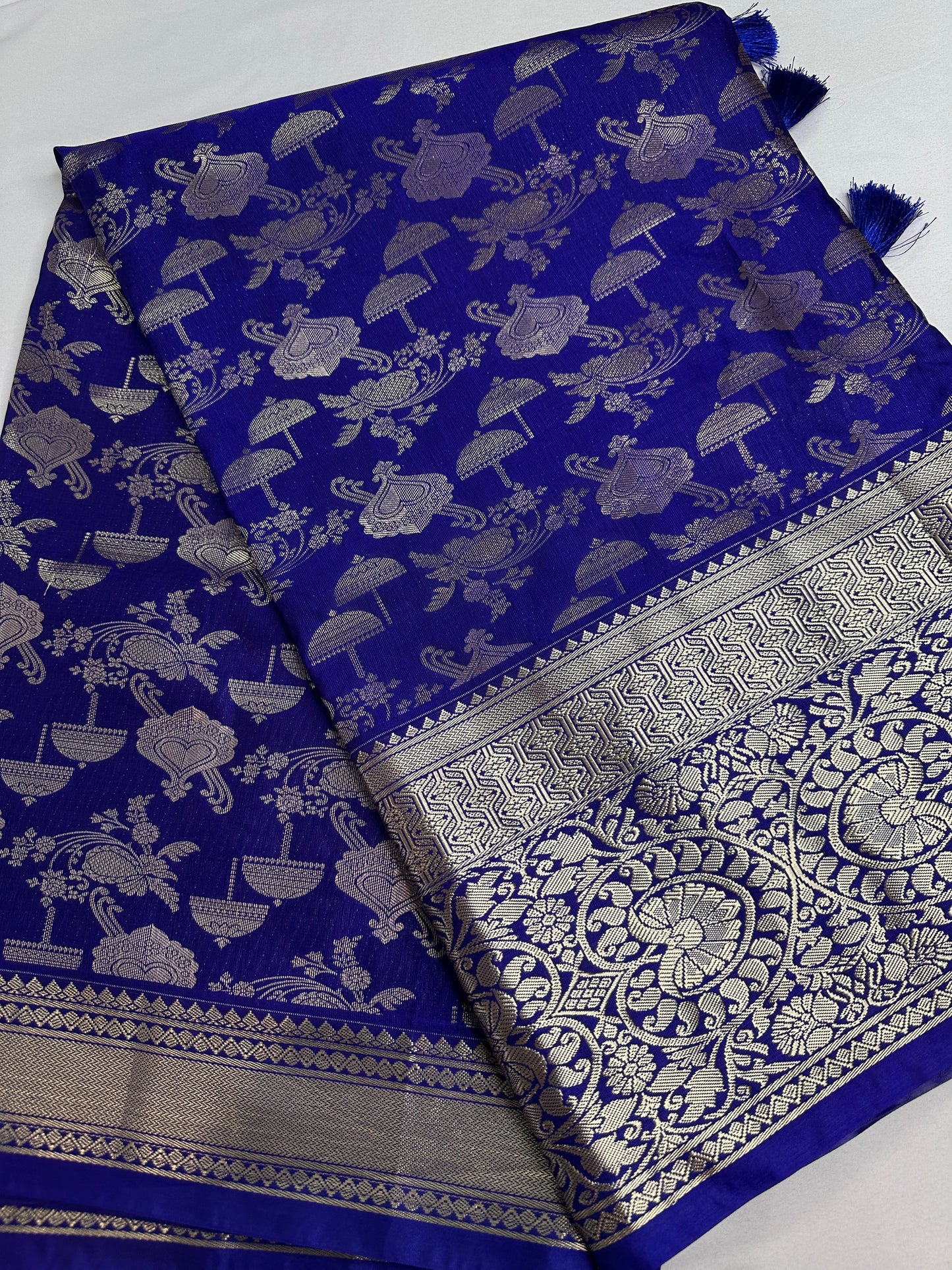 Blue Brocade Semi Kanchi Silk  Saree