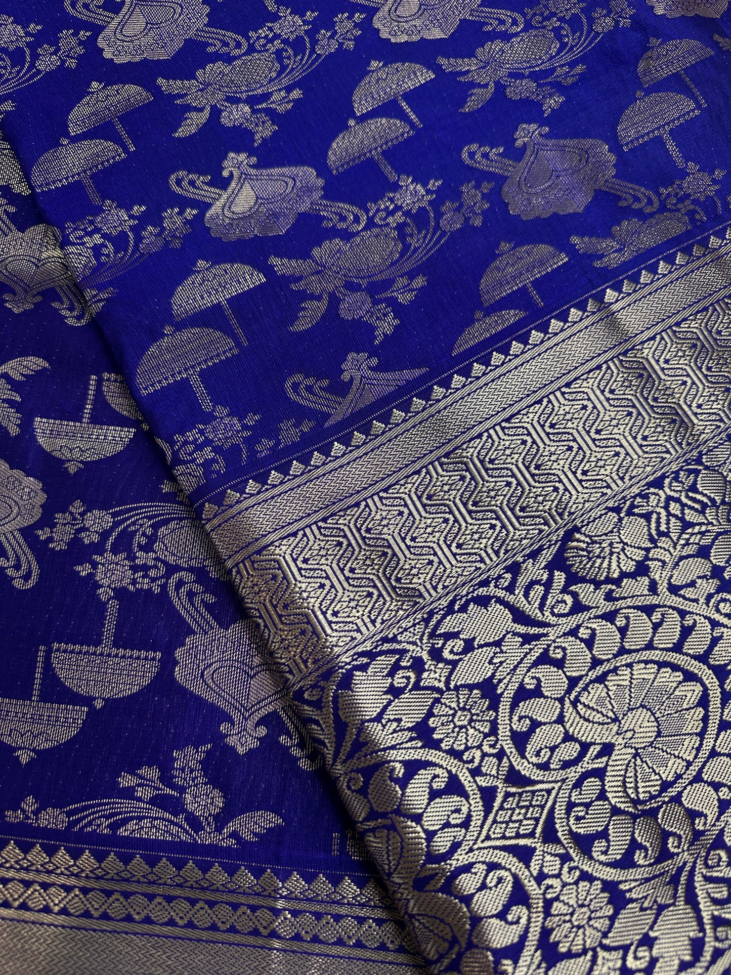 Blue Brocade Semi Kanchi Silk  Saree