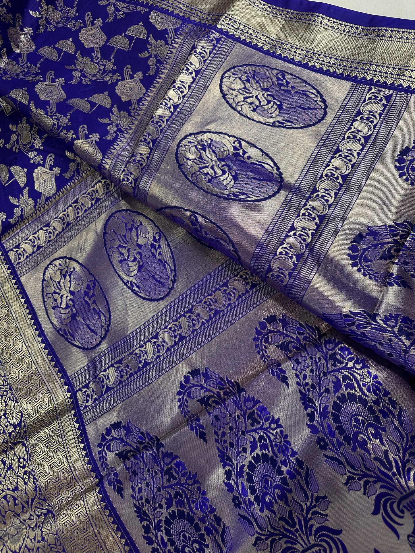 Blue Brocade Semi Kanchi Silk  Saree