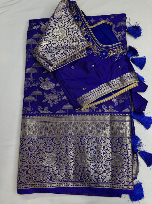 Blue Brocade Semi Kanchi Silk  Saree