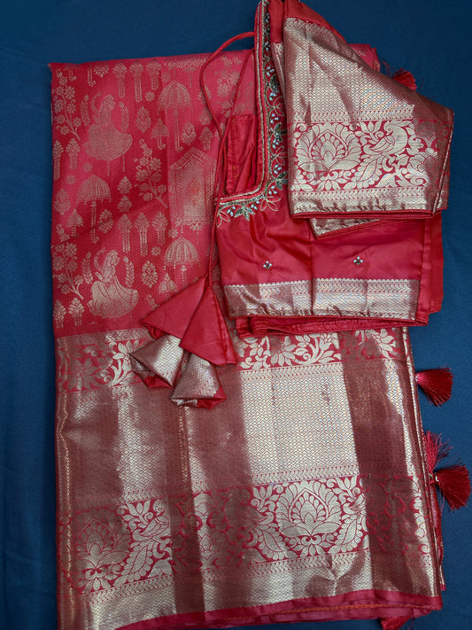 Red Brocade Semi Kanchi Silk  Saree