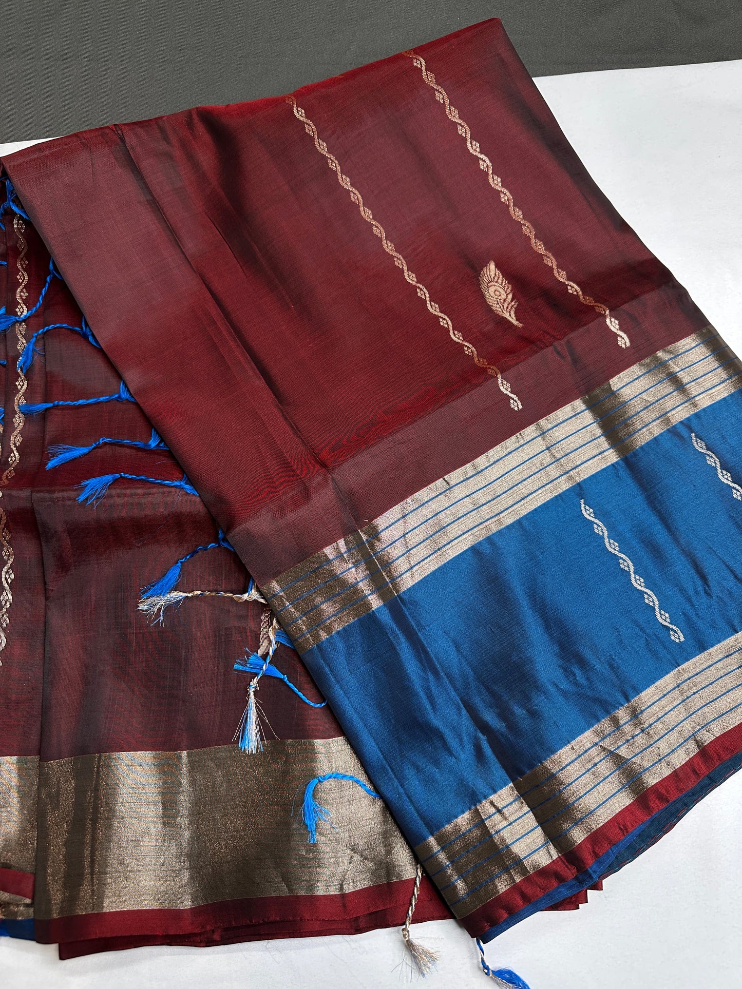 Brown Blue Light Weight Kanchi Soft Silk  Saree