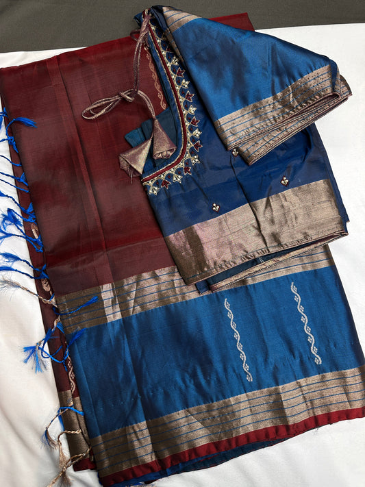 Brown Blue Light Weight Kanchi Soft Silk  Saree