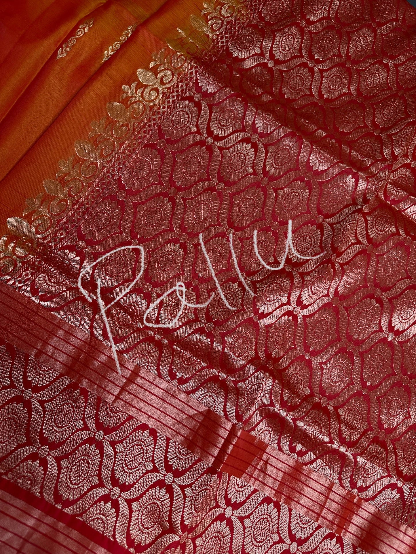 Orange Red Light Weight Kanchi Soft Silk  Saree