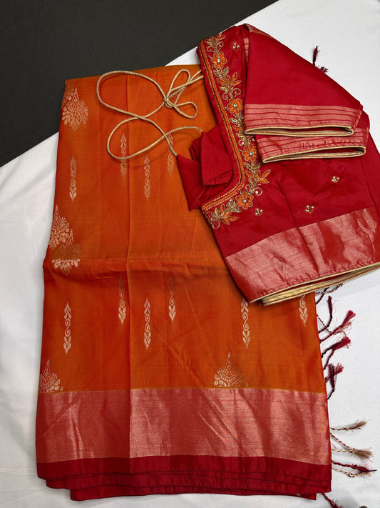 Orange Red Light Weight Kanchi Soft Silk  Saree