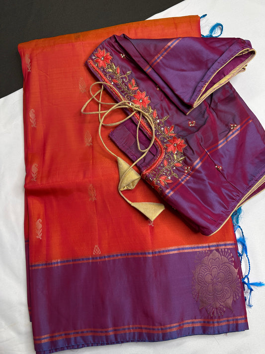 Orange Purple Light Weight Kanchi Soft Silk  Saree