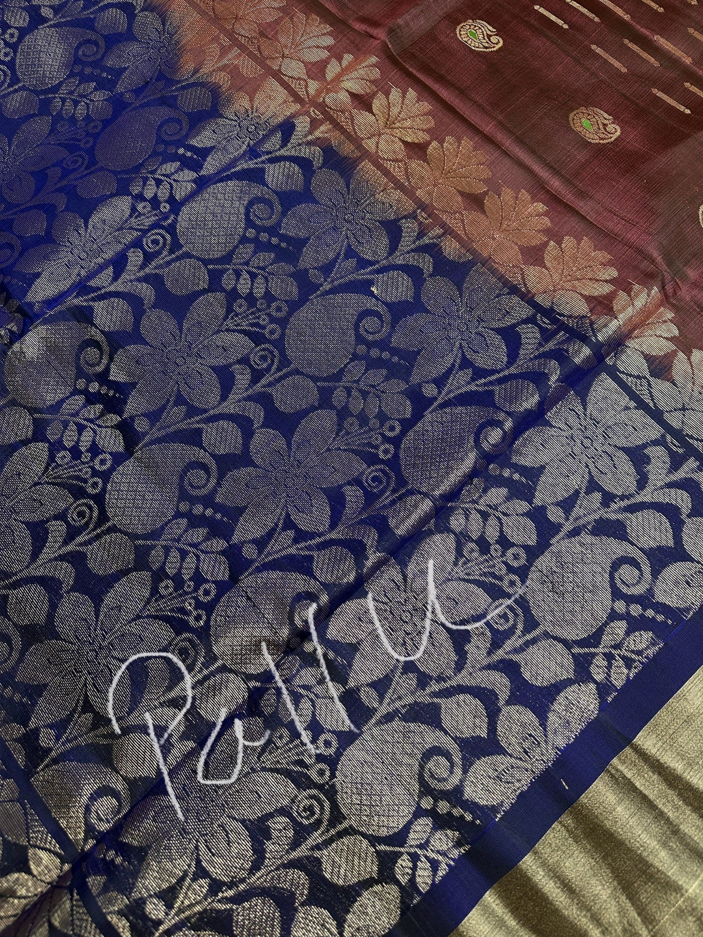 Brown Blue Light Weight Kanchi Soft Silk  Saree
