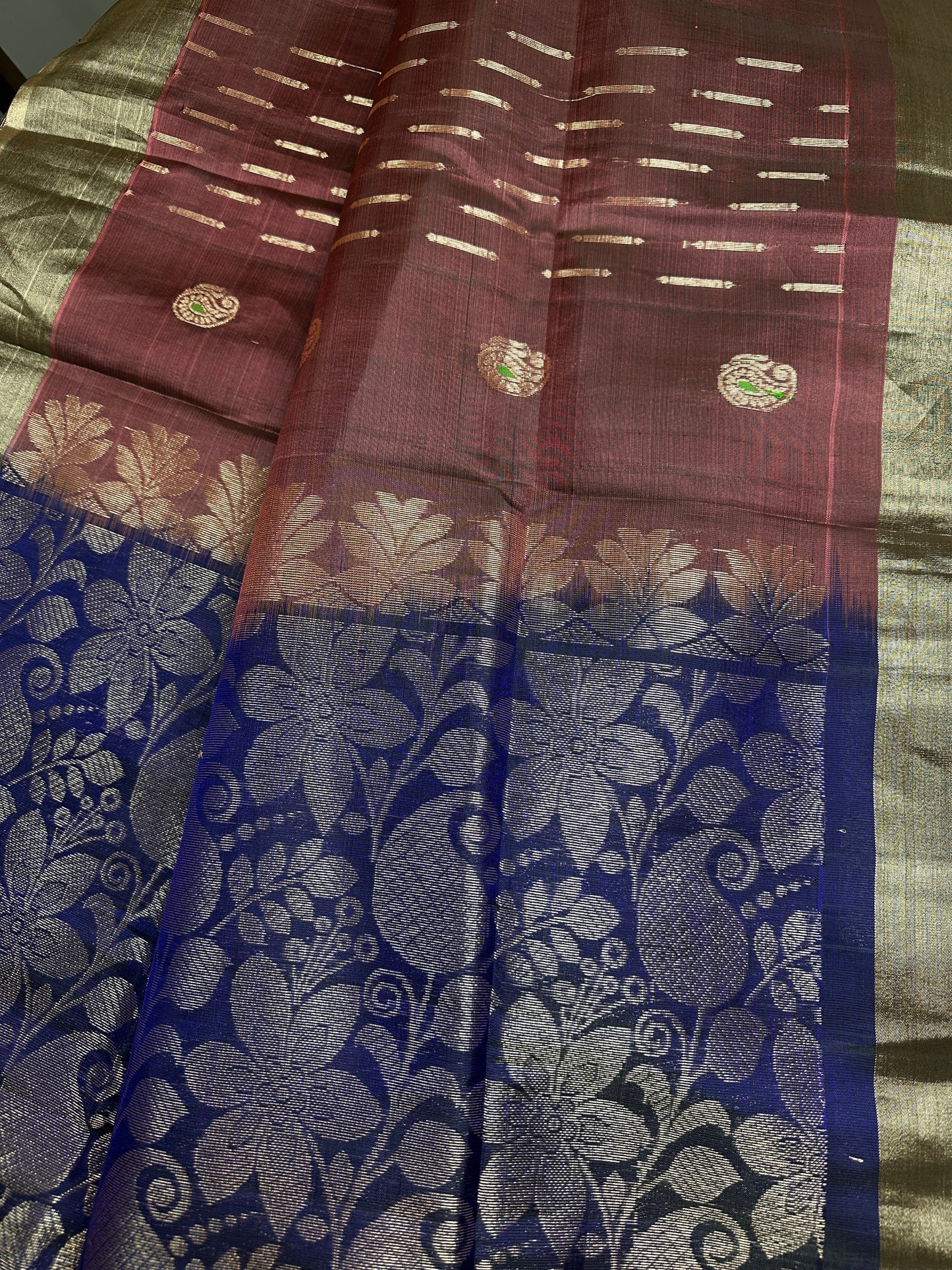 Brown Blue Light Weight Kanchi Soft Silk  Saree