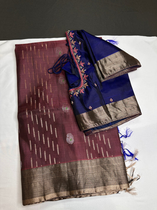 Brown Blue Light Weight Kanchi Soft Silk  Saree