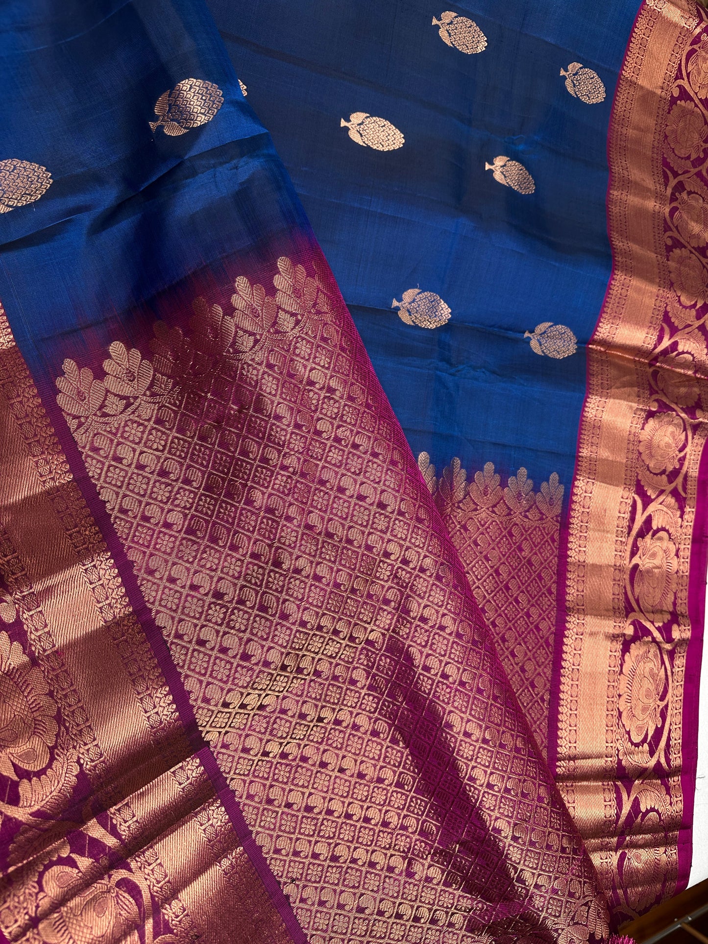 Pure kanchi Pattu Blue Pink Light Weight Silk  Saree