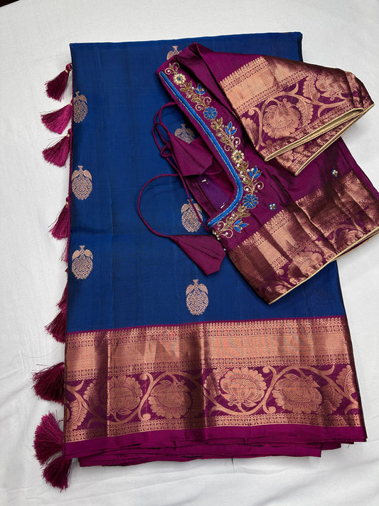 Pure kanchi Pattu Blue Pink Light Weight Silk  Saree