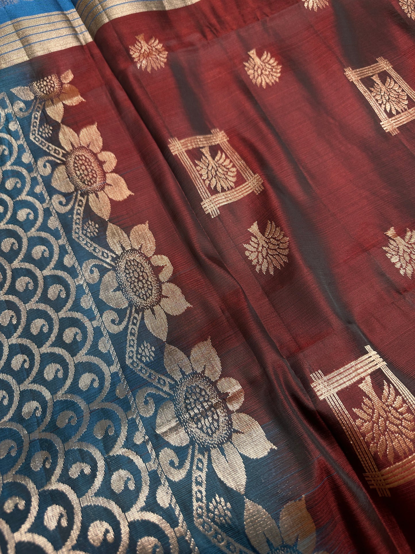 Brown Blue Light Weight Kanchi Soft Silk  Saree