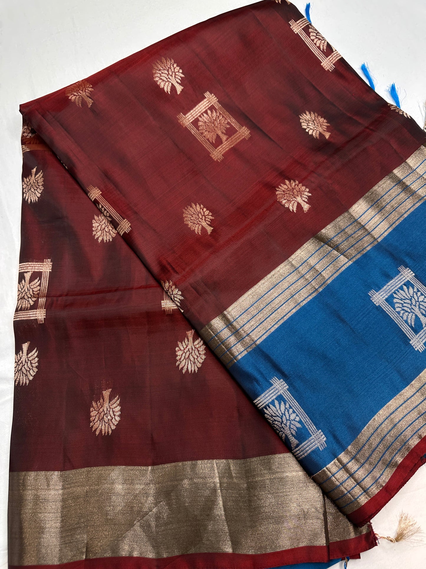 Brown Blue Light Weight Kanchi Soft Silk  Saree