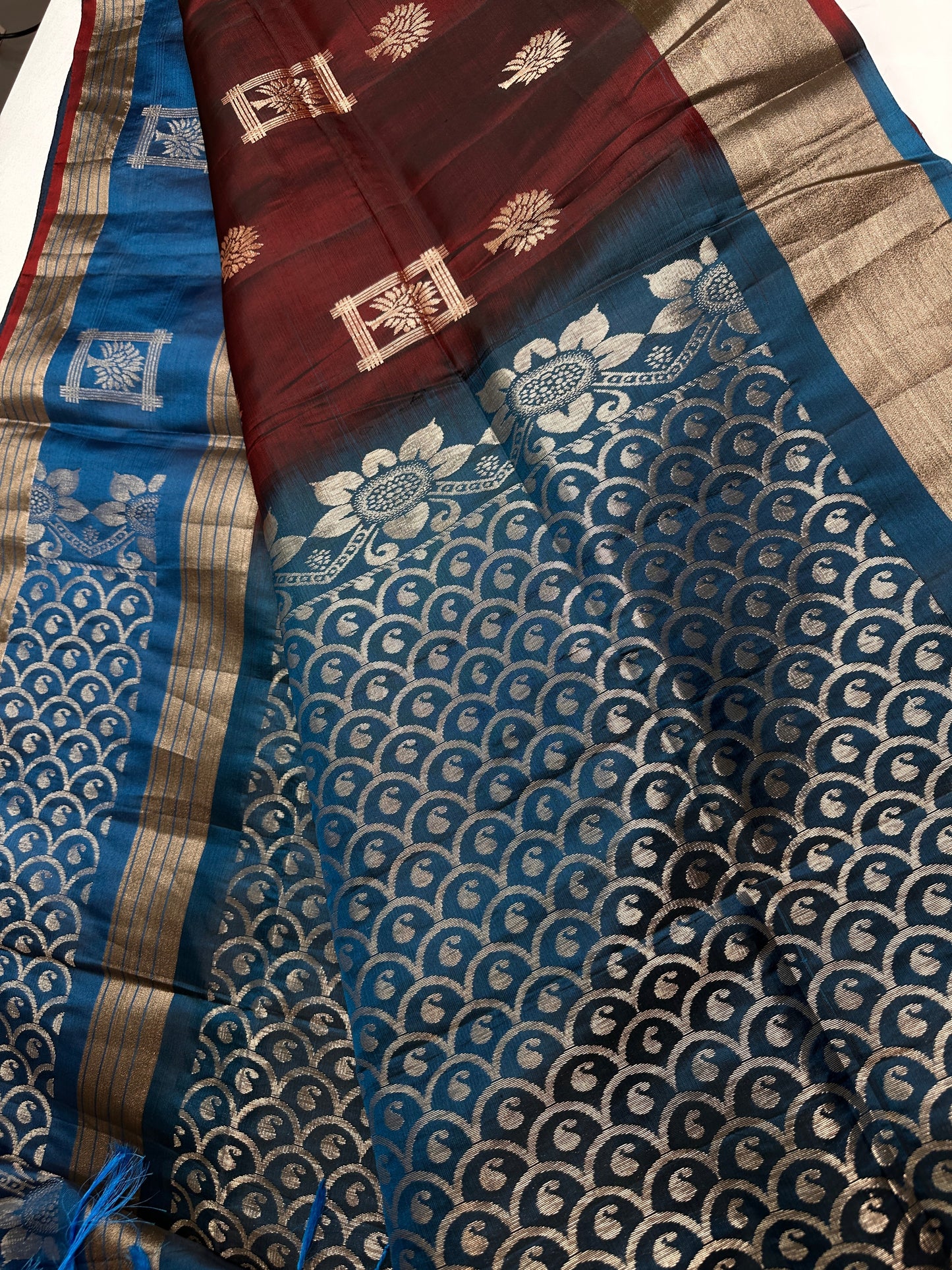 Brown Blue Light Weight Kanchi Soft Silk  Saree