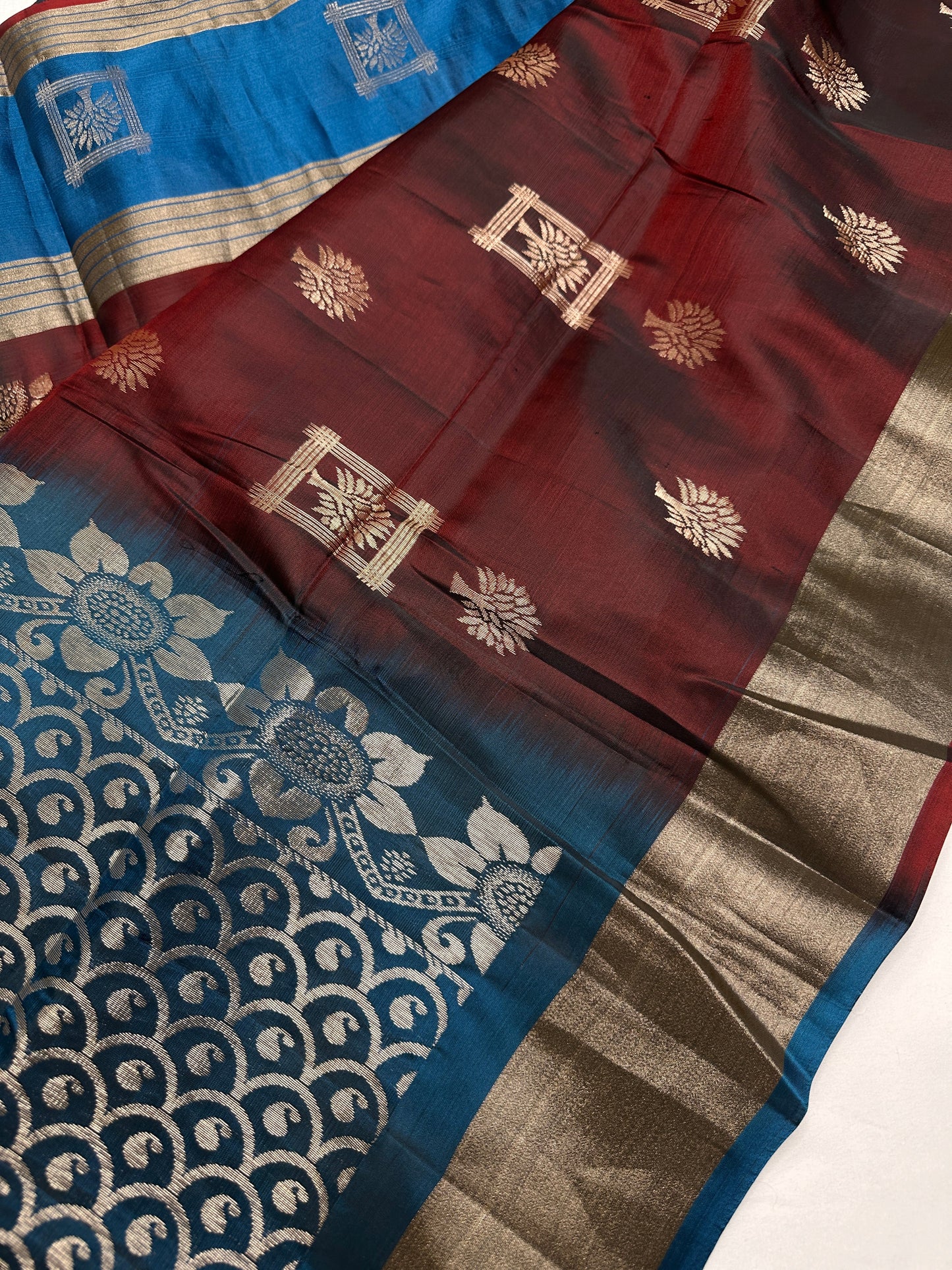 Brown Blue Light Weight Kanchi Soft Silk  Saree