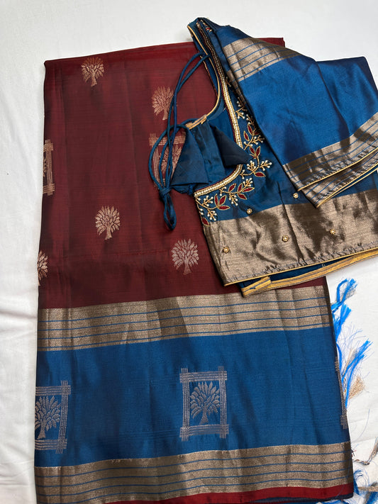 Brown Blue Light Weight Kanchi Soft Silk  Saree