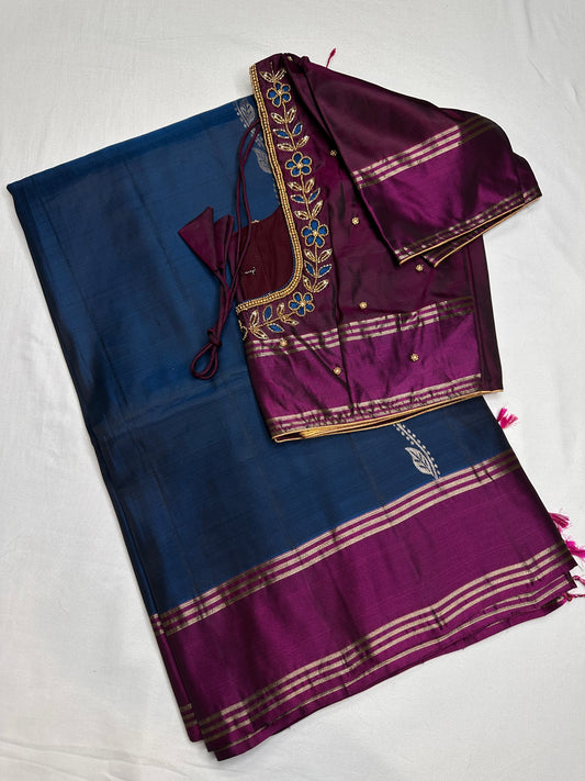 Blue Magenta Light Weight Kanchi Soft Silk  Saree