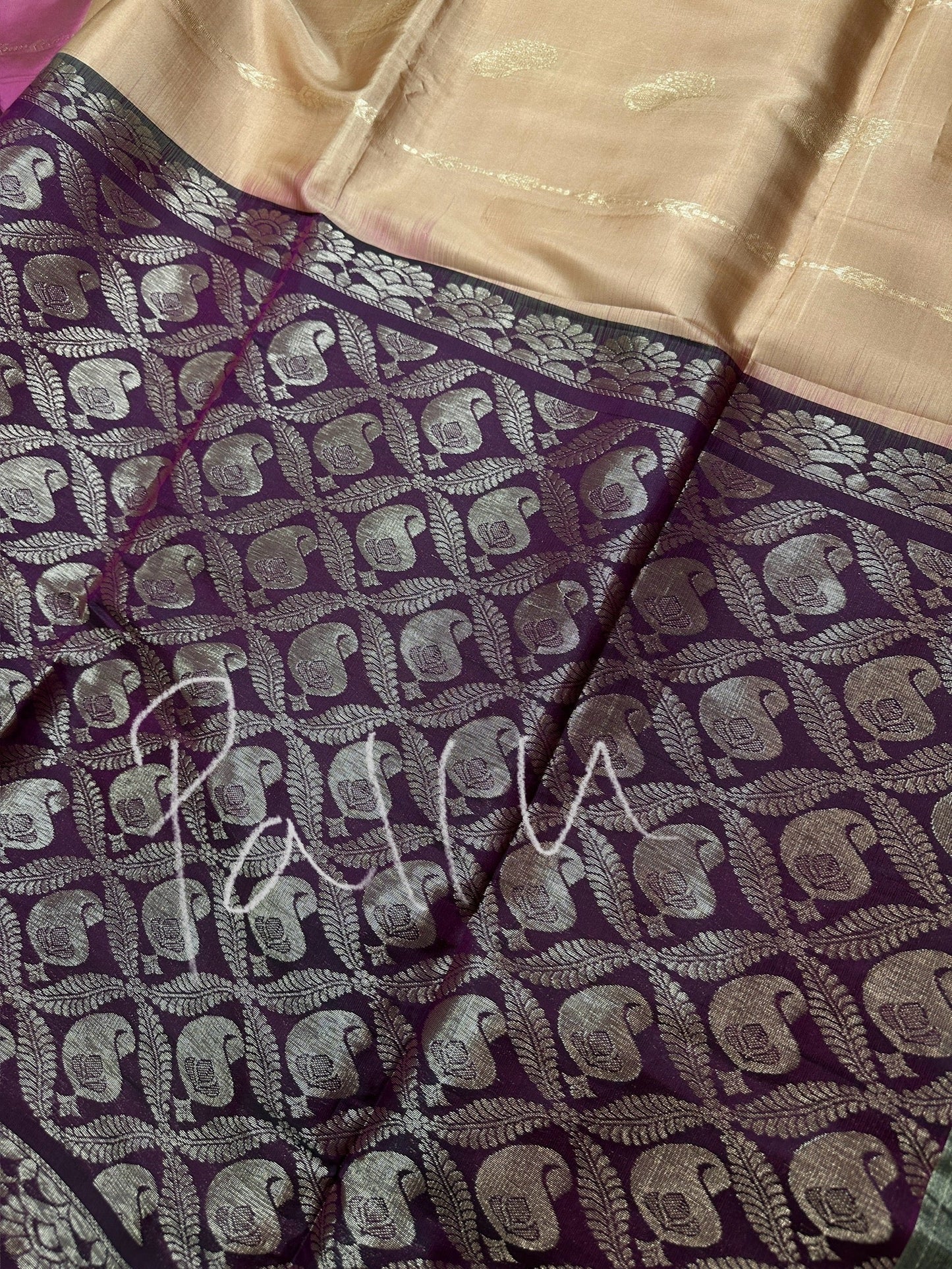 Creamish Brown Magenta Light Weight Kanchi Soft Silk  Saree
