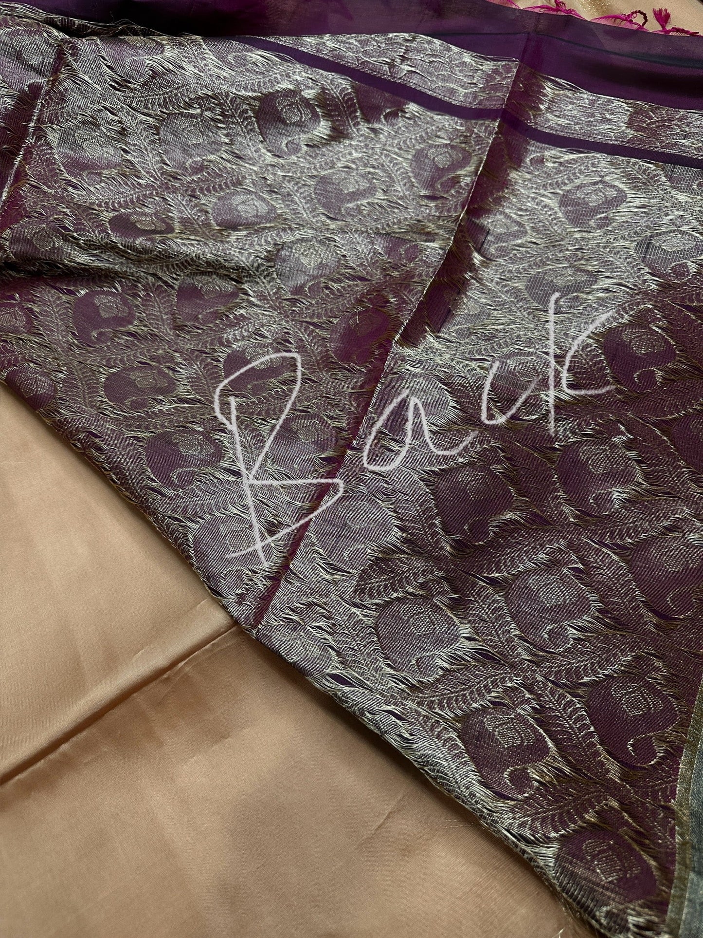 Creamish Brown Magenta Light Weight Kanchi Soft Silk  Saree