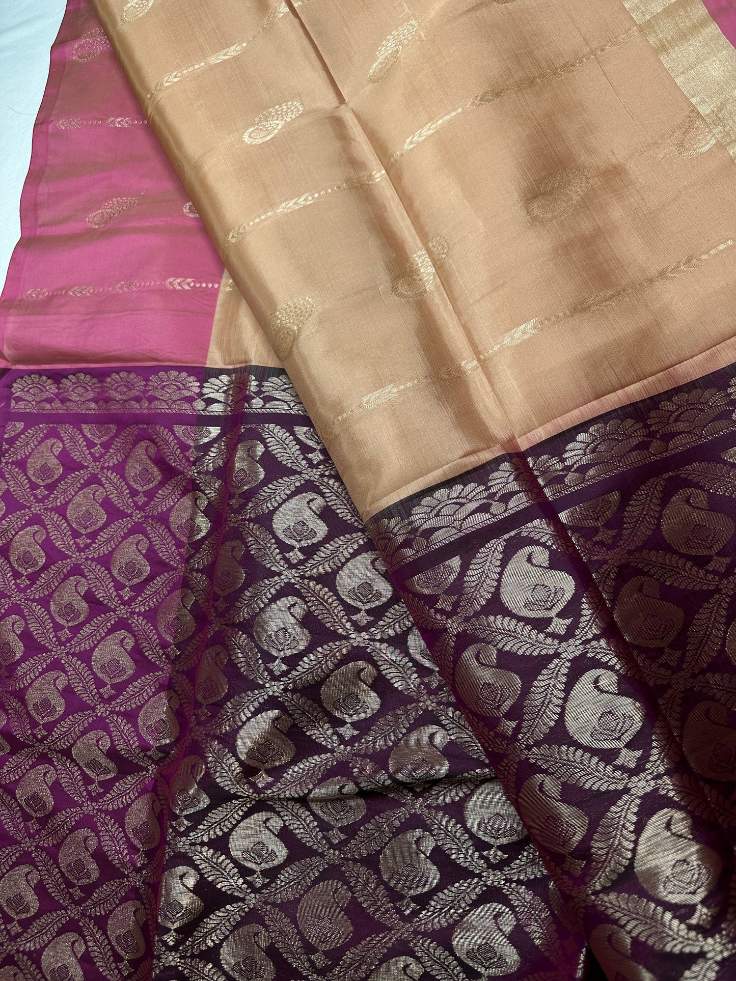 Creamish Brown Magenta Light Weight Kanchi Soft Silk  Saree