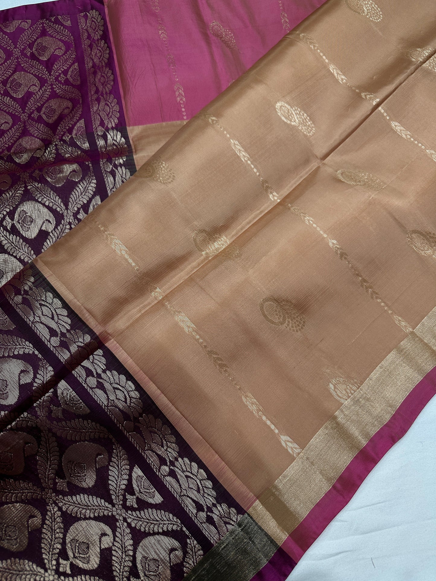 Creamish Brown Magenta Light Weight Kanchi Soft Silk  Saree