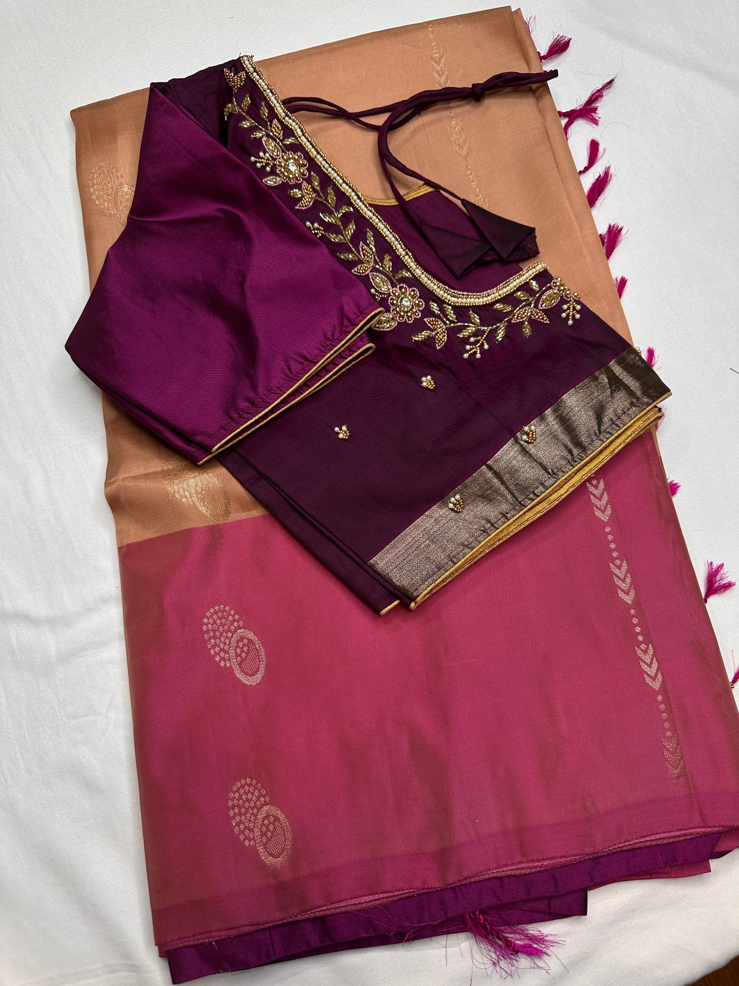 Creamish Brown Magenta Light Weight Kanchi Soft Silk  Saree