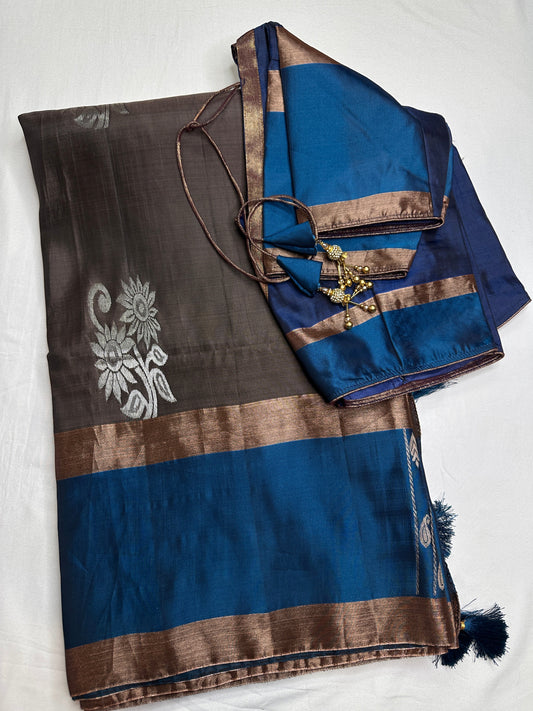 Grey Blue Light Weight Kanchi Soft Silk  Saree