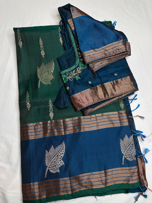 Green Blue Light Weight Kanchi Soft Silk  Saree