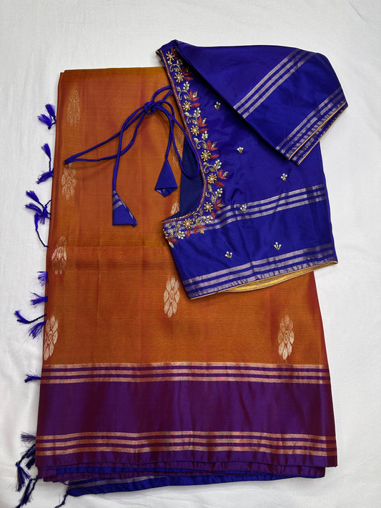 Brown Blue Light Weight Kanchi Soft Silk  Saree