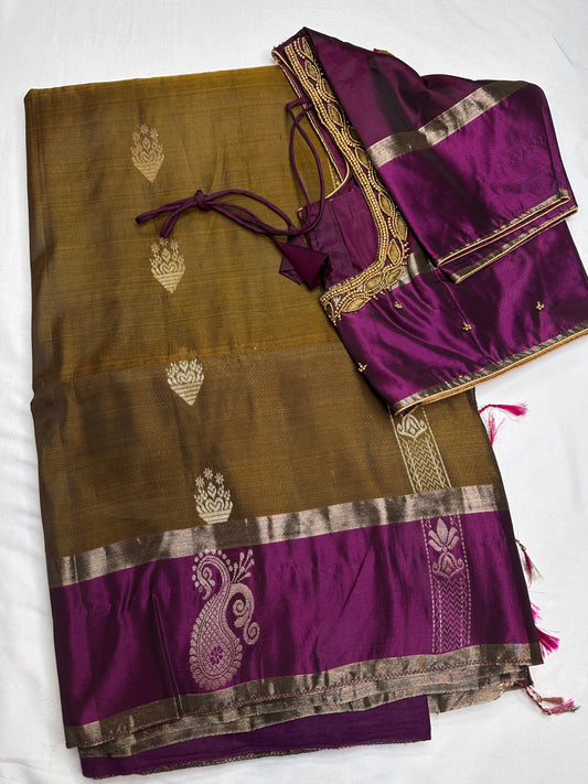 Green Magenta Light Weight Kanchi Soft Silk  Saree
