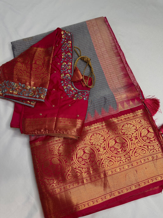 Grey Pink Semi Silk Pattu Gadwal Saree