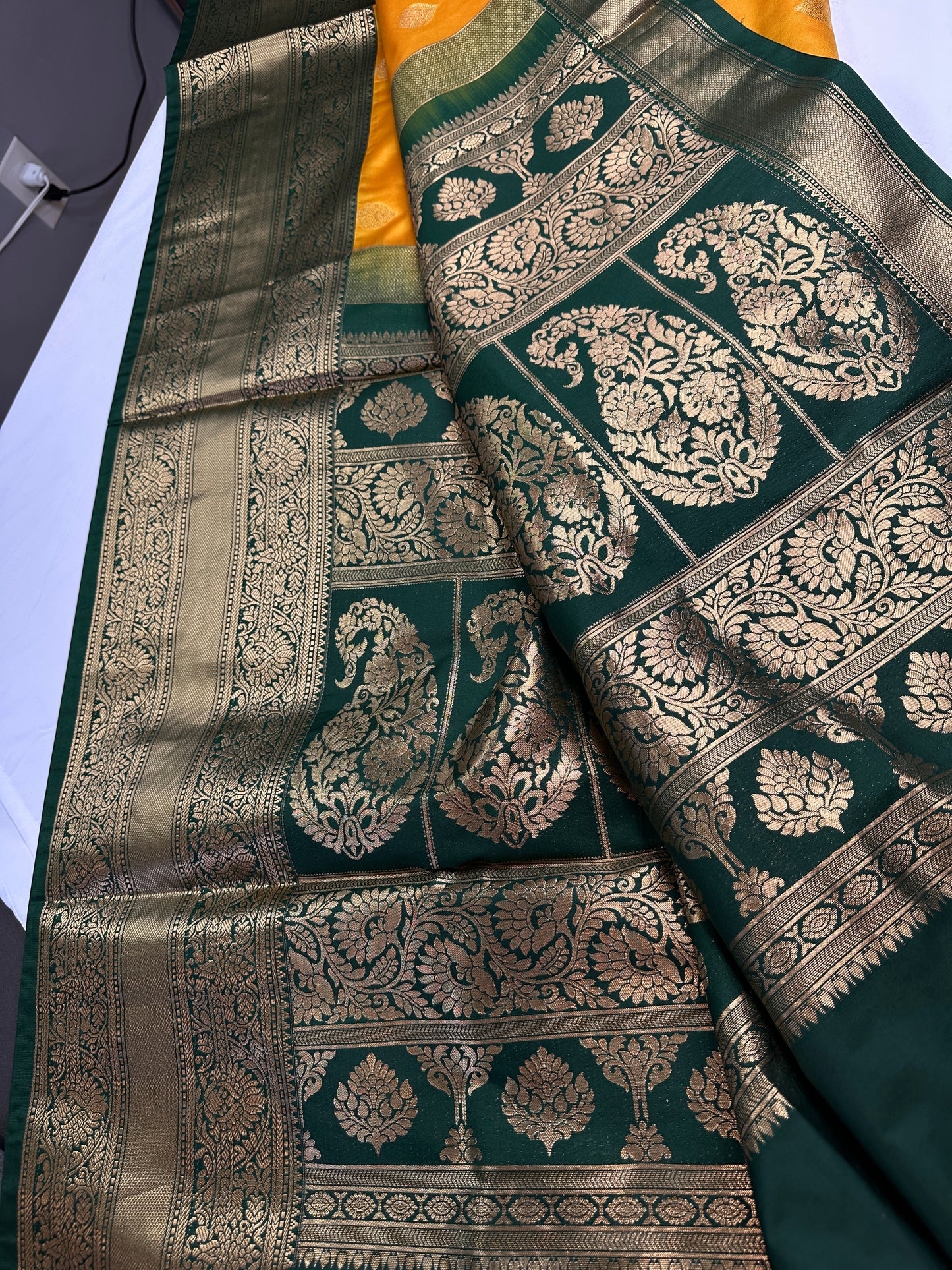 Yellow Green Traditional Semi Gadwal Saree