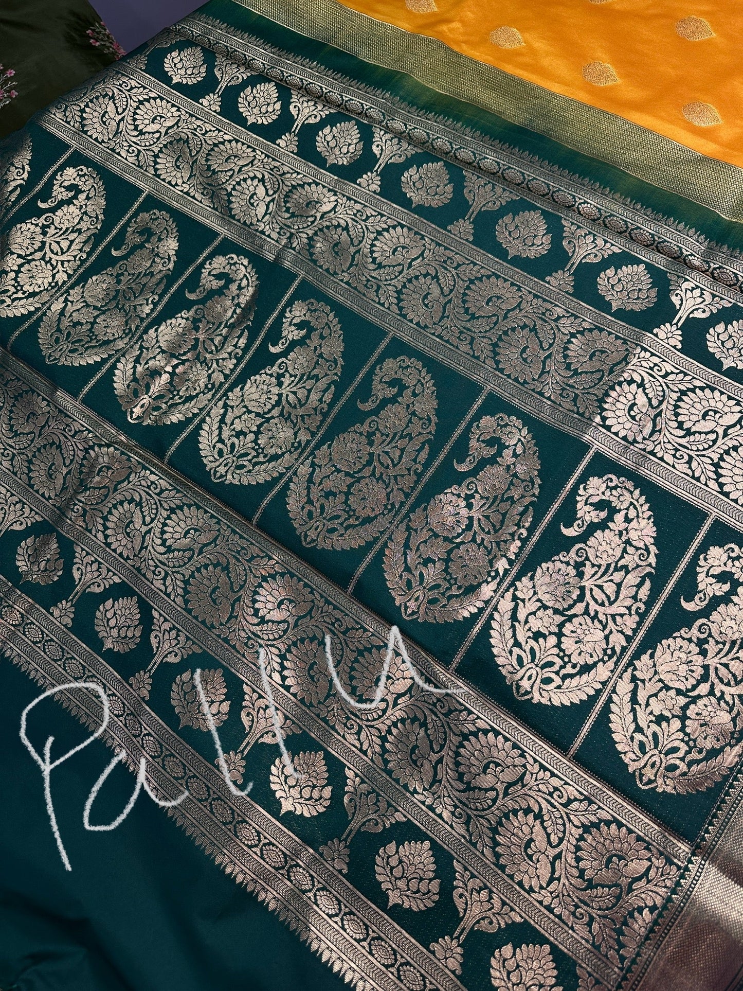 Yellow Green Traditional Semi Gadwal Saree