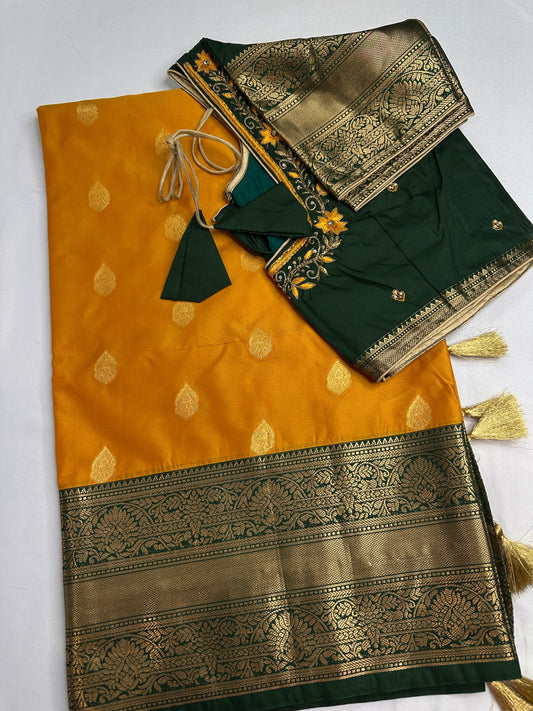 Yellow Green Traditional Semi Gadwal Saree