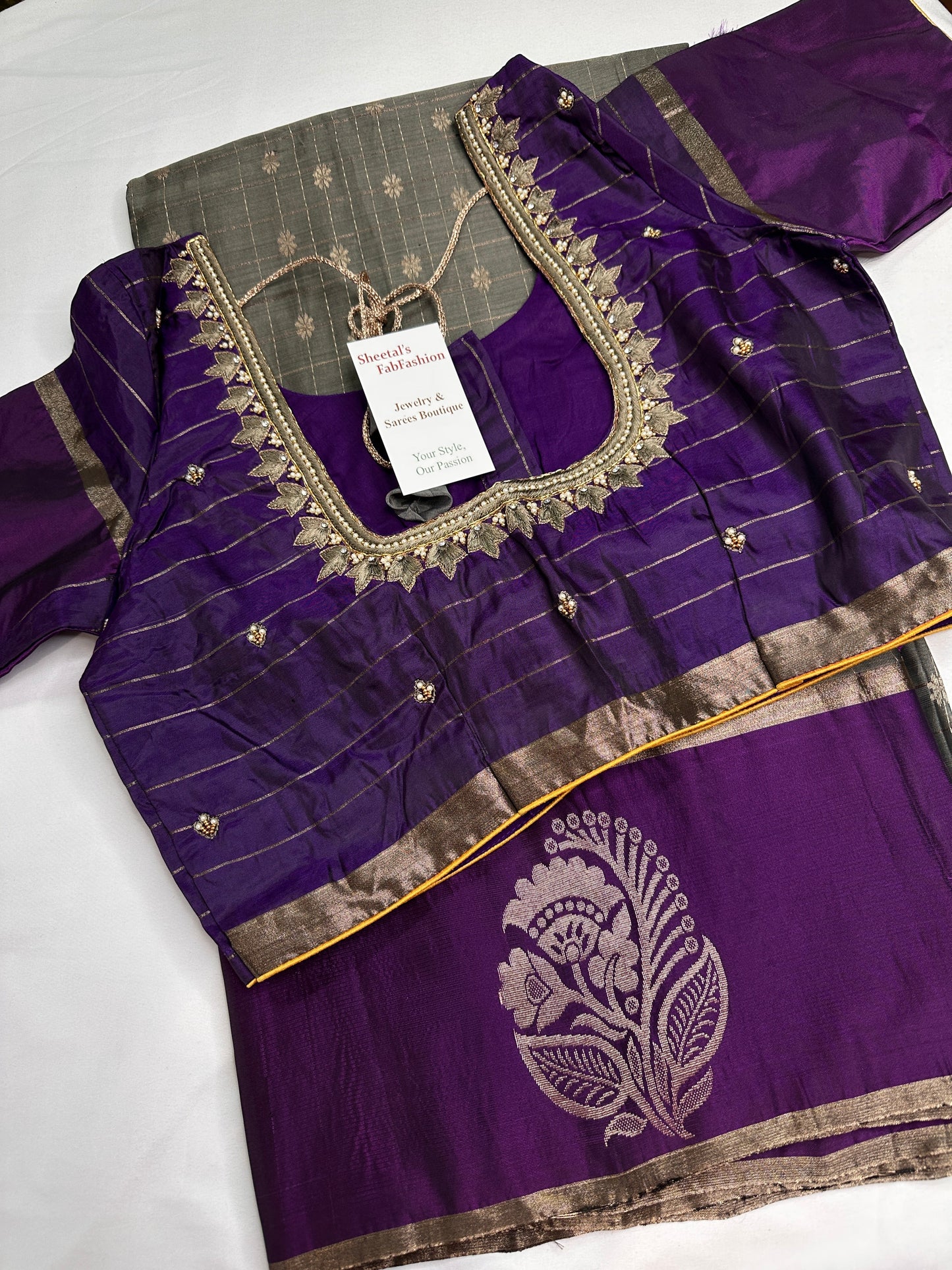 Grey Purple Semi Uppada Silk Butta Saree