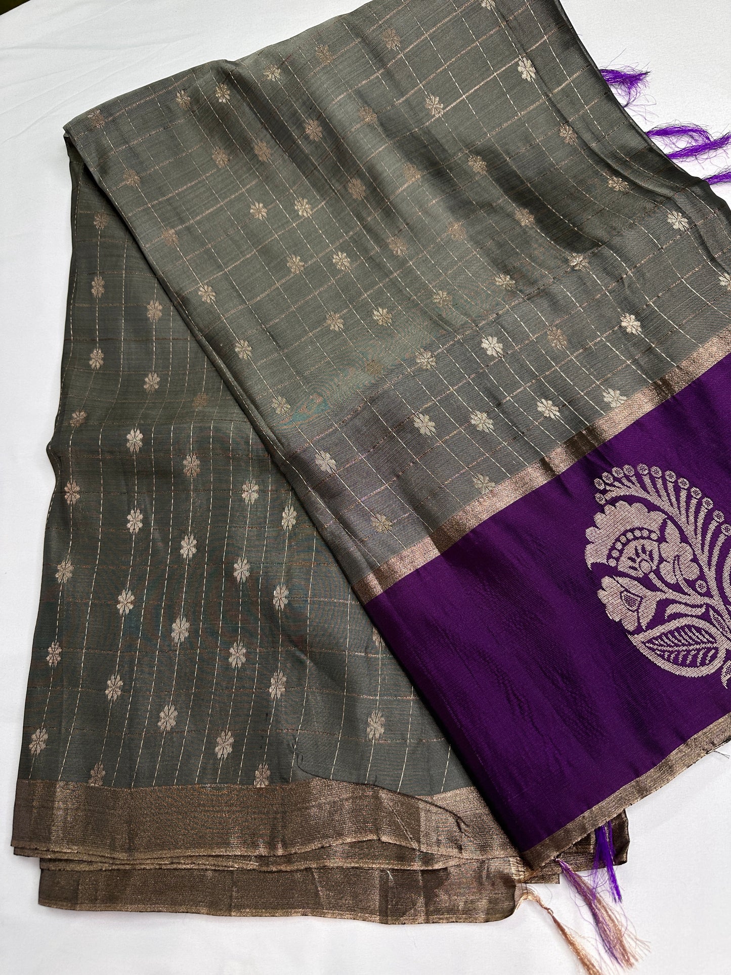 Grey Purple Semi Uppada Silk Butta Saree