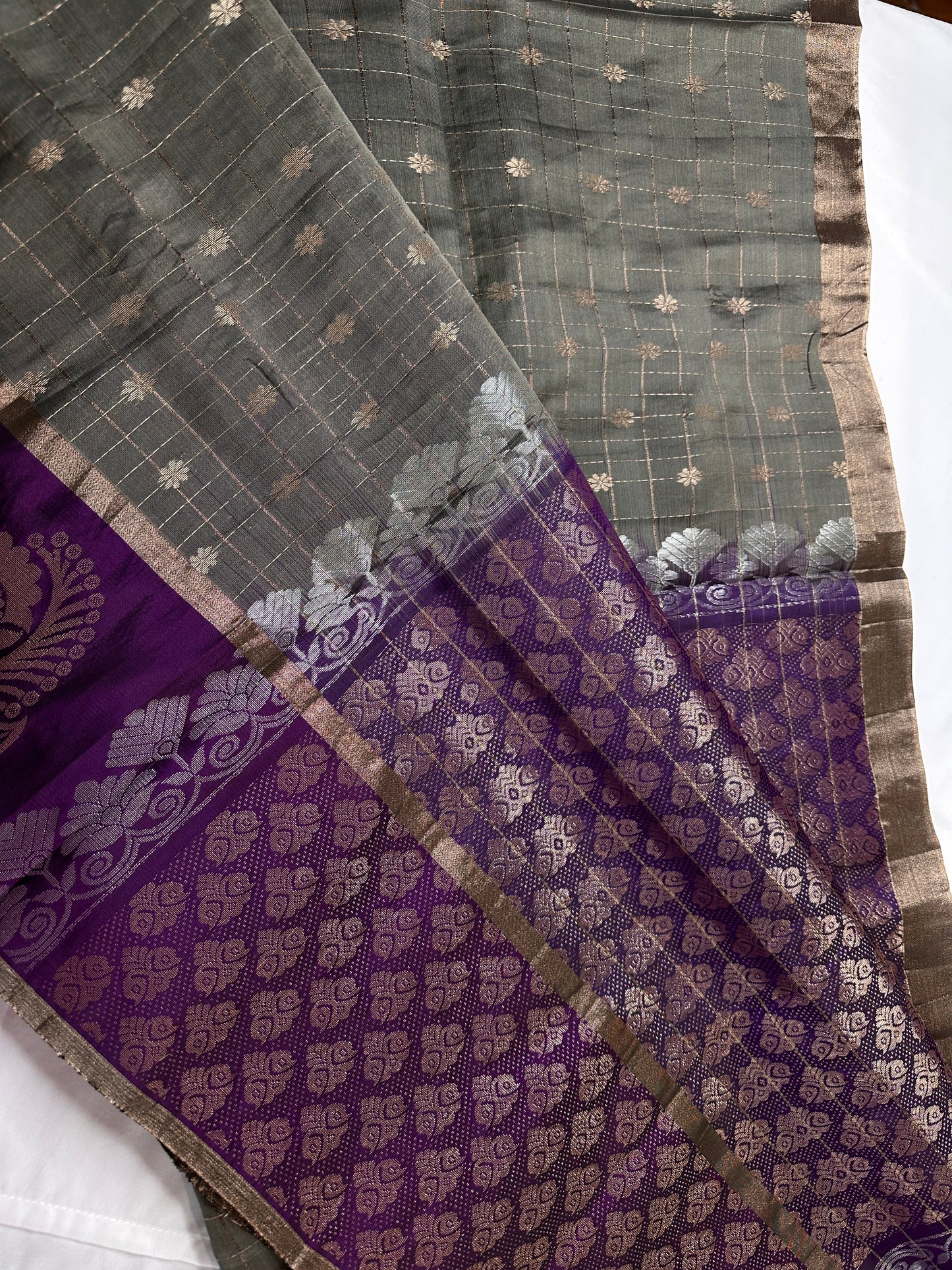 Grey Purple Semi Uppada Silk Butta Saree