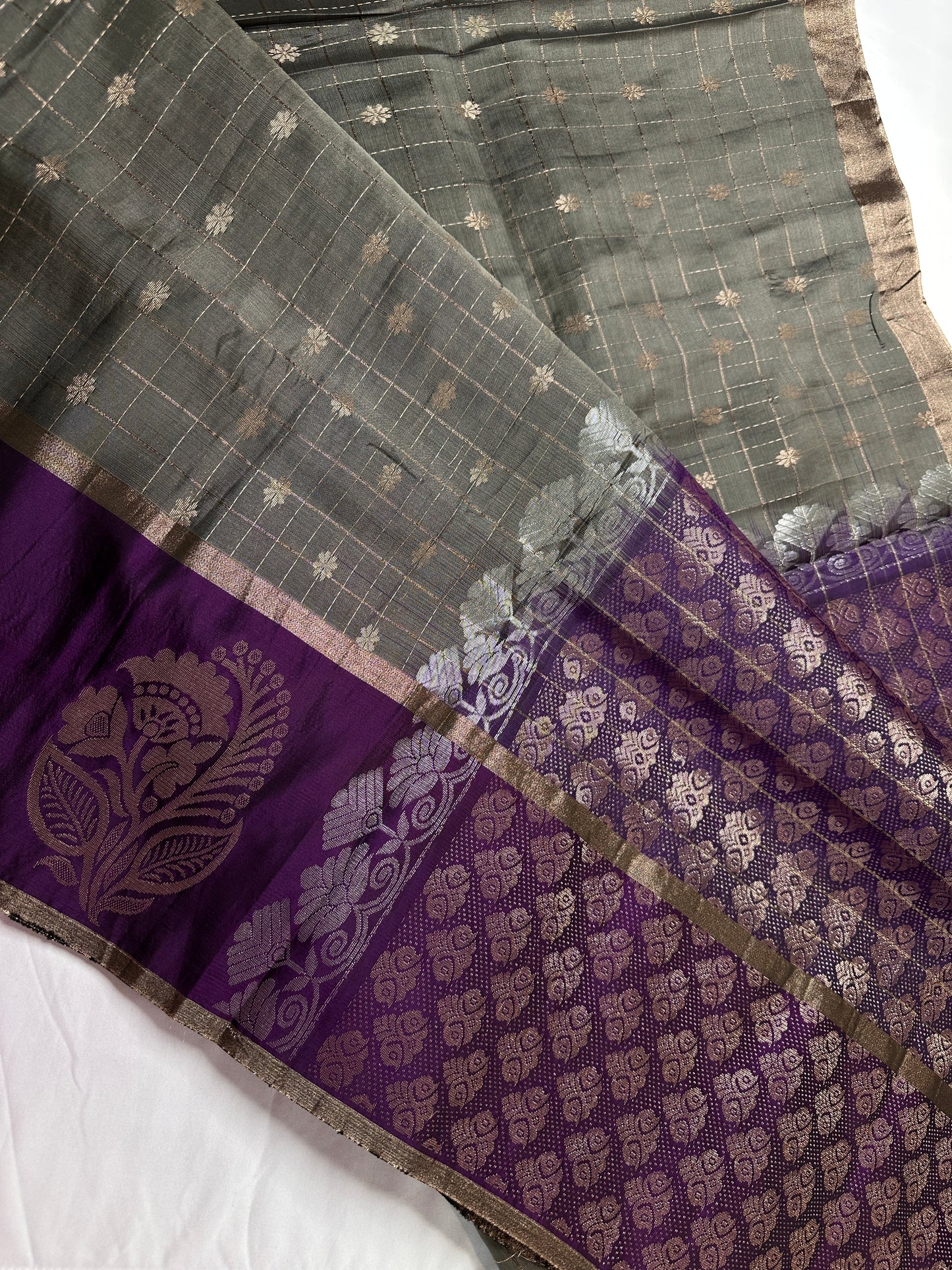 Grey Purple Semi Uppada Silk Butta Saree