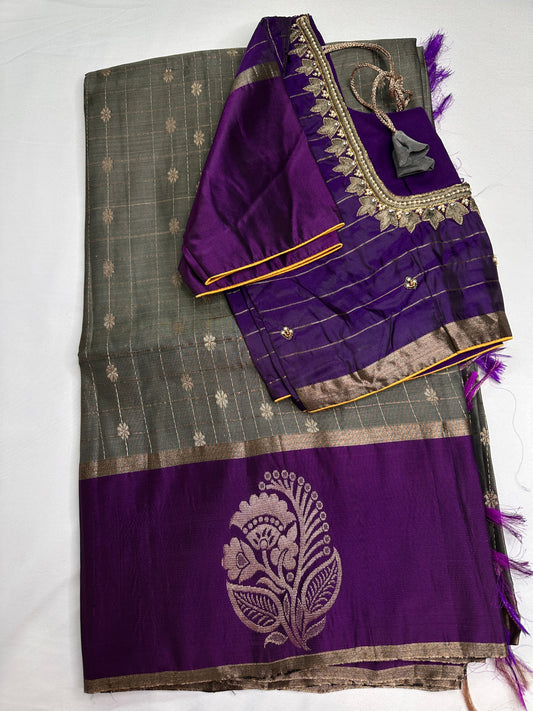 Grey Purple Semi Uppada Silk Butta Saree