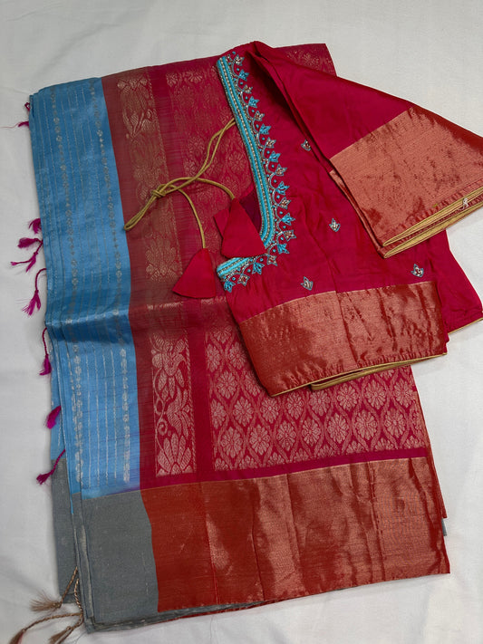 Uppada Semi Blue Pink Light Weight Saree