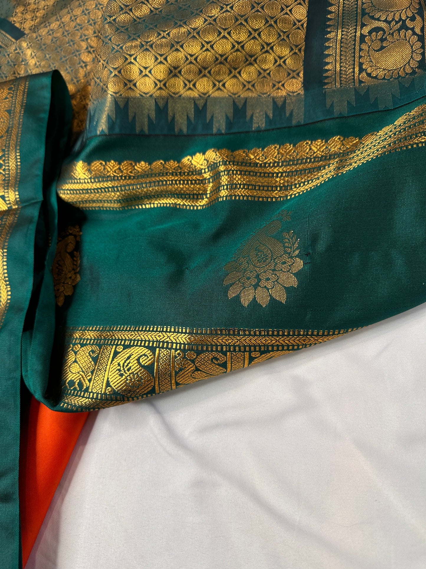 Orange Green Traditional Semi Gadwal Saree