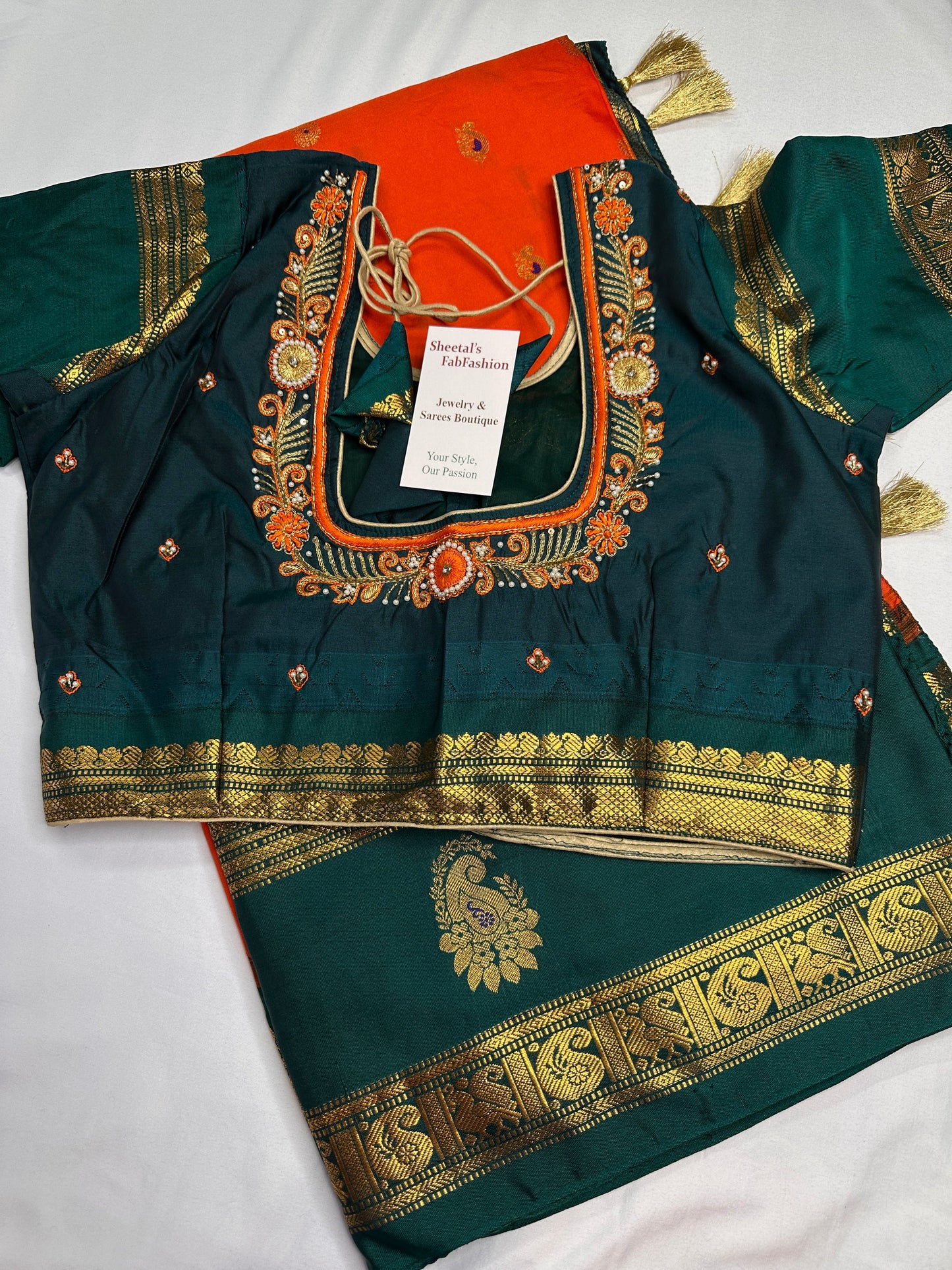 Orange Green Traditional Semi Gadwal Saree