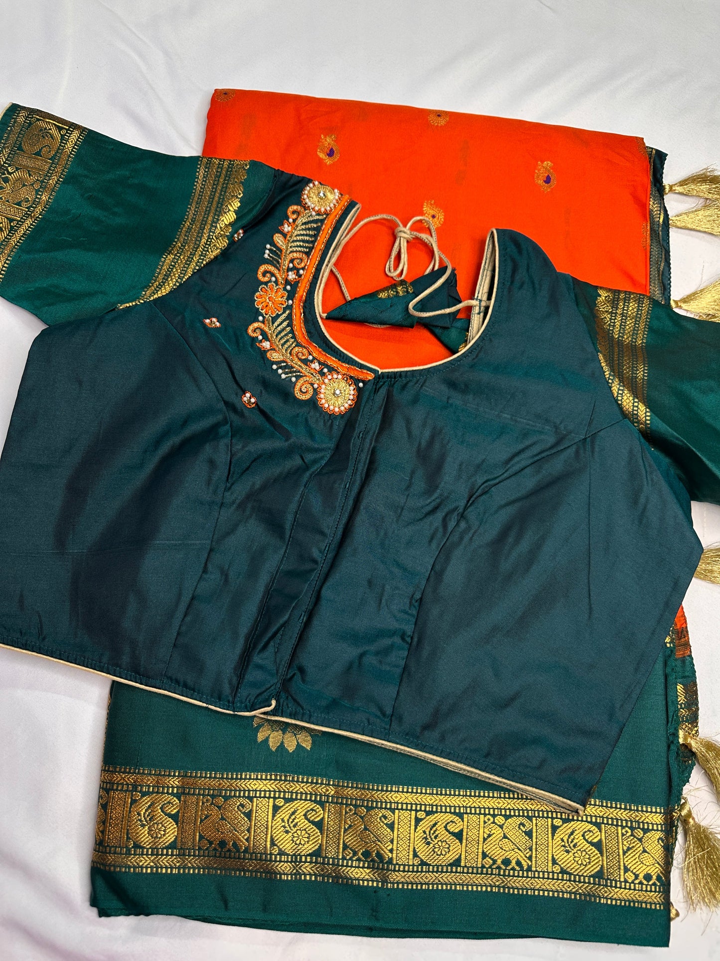 Orange Green Traditional Semi Gadwal Saree