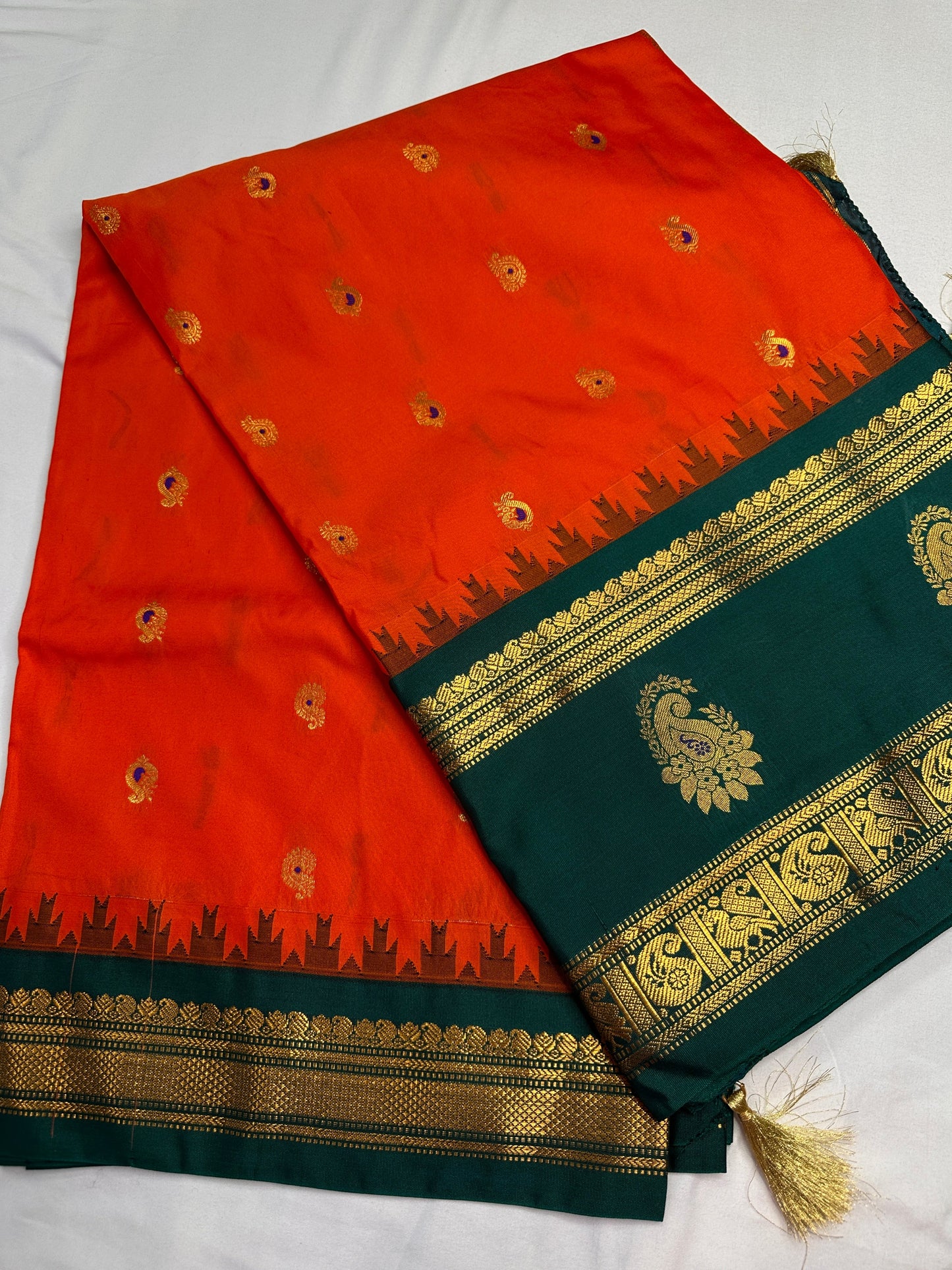 Orange Green Traditional Semi Gadwal Saree
