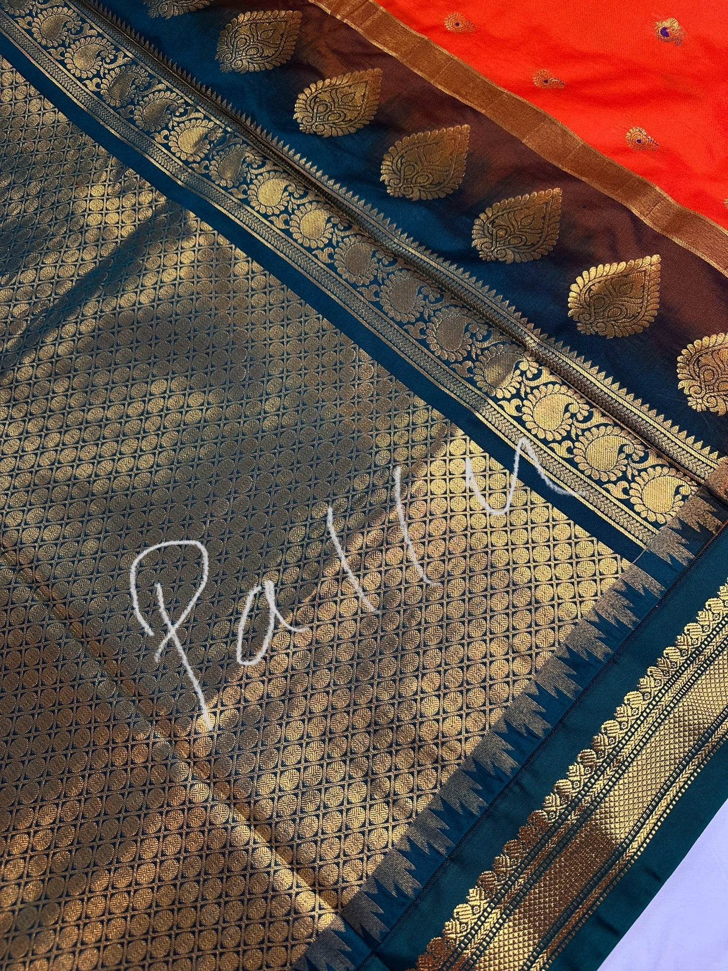 Orange Green Traditional Semi Gadwal Saree