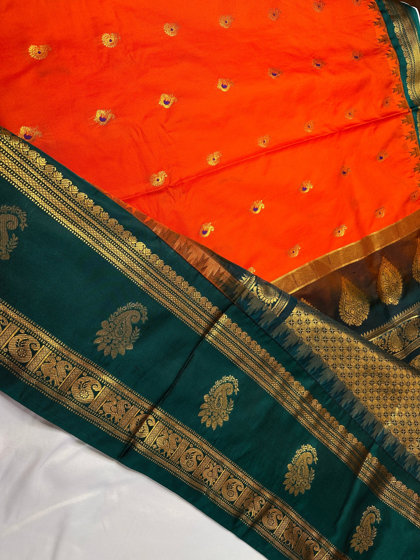 Orange Green Traditional Semi Gadwal Saree