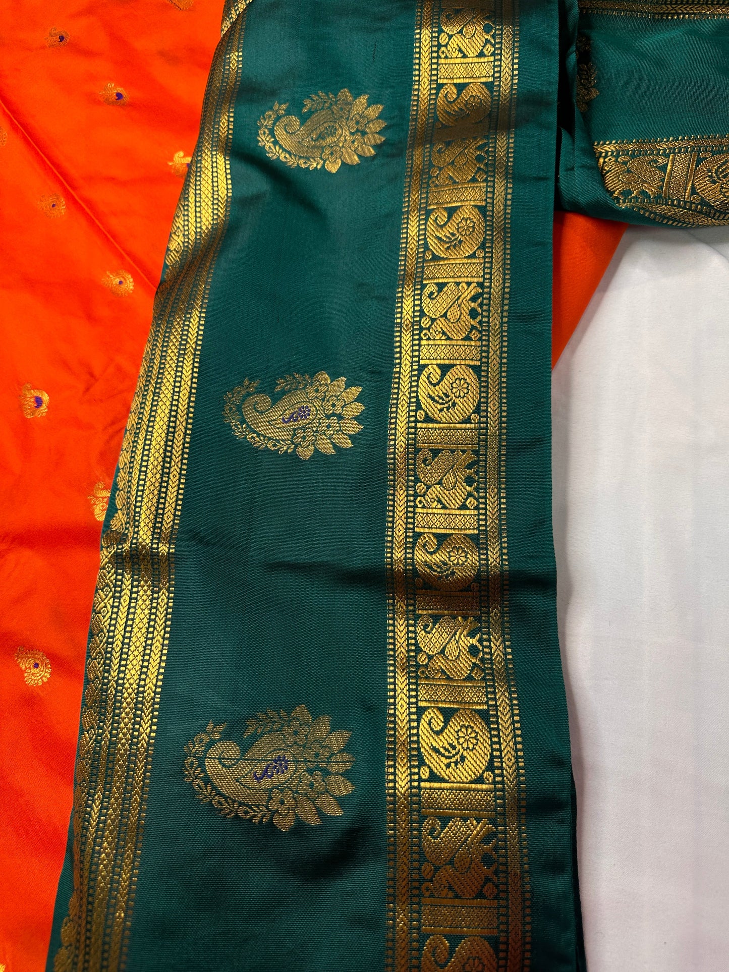 Orange Green Traditional Semi Gadwal Saree